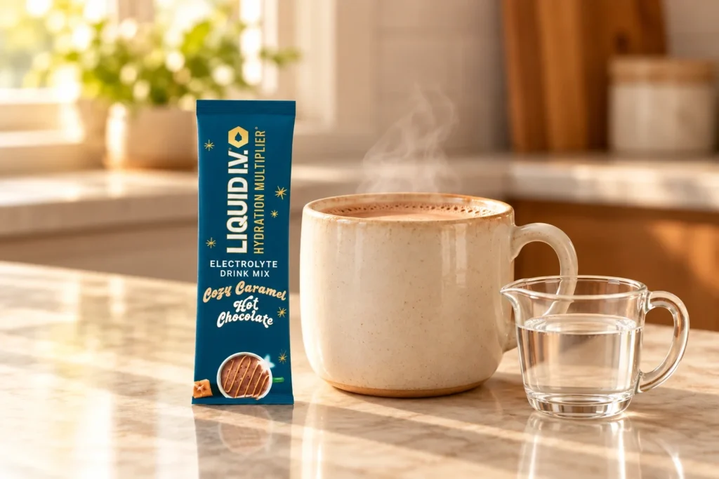 One Liquid IV Cozy Caramel Hot Chocolate stick beside an eight-ounce mug