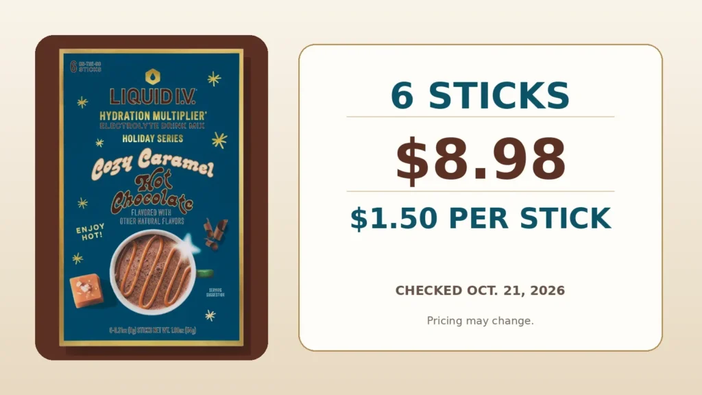 Six-stick Cozy Caramel Hot Chocolate carton with current price-per-stick breakdown