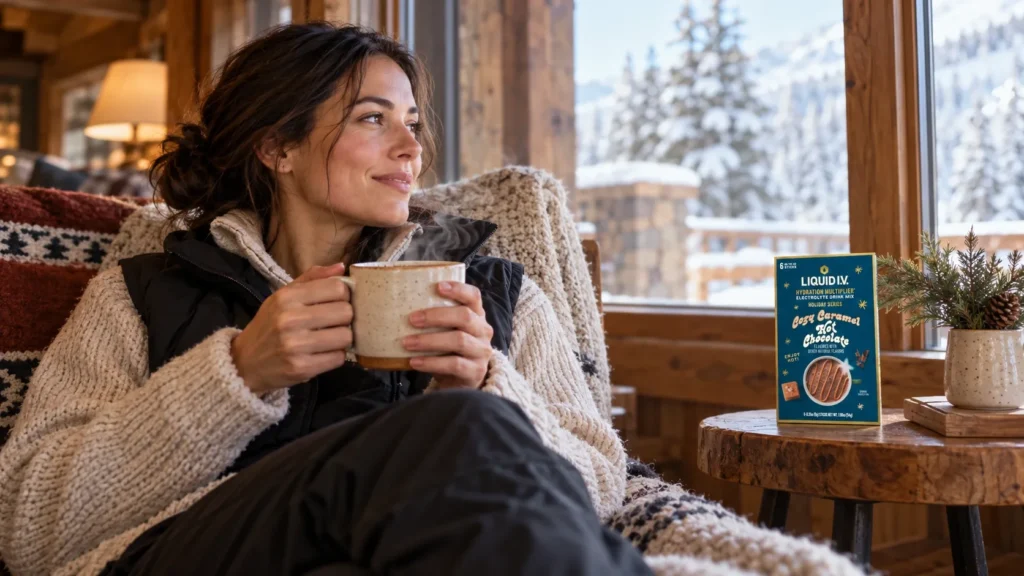 Warm Liquid IV Cozy Caramel drink after a winter outdoor activity