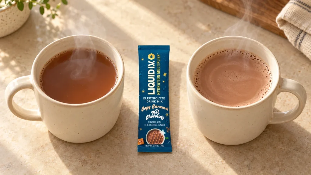 Liquid IV hot chocolate prepared with hot water and with a splash of milk
